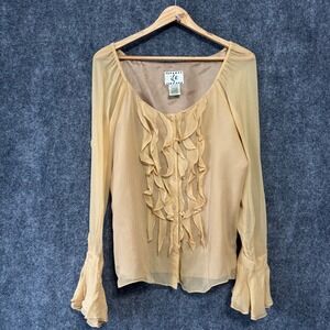 Silk Sheer Shirt Women L Yellow Ruffle Front Button Up Regency Victorian Elegant